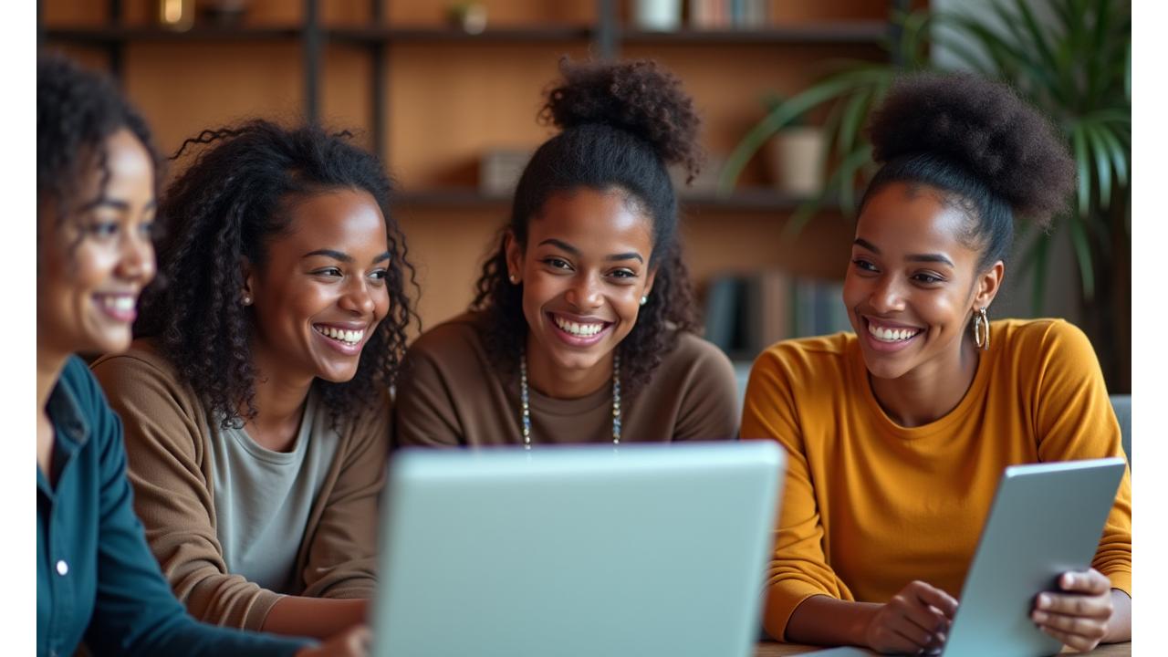 Diverse Gruppe von Lernenden aus verschiedenen Alters- und Hintergrundgruppen, die zusammen an einem Online-Kurs arbeiten, symbolisiert Inklusivität und Chancengleichheit in der Bildung.