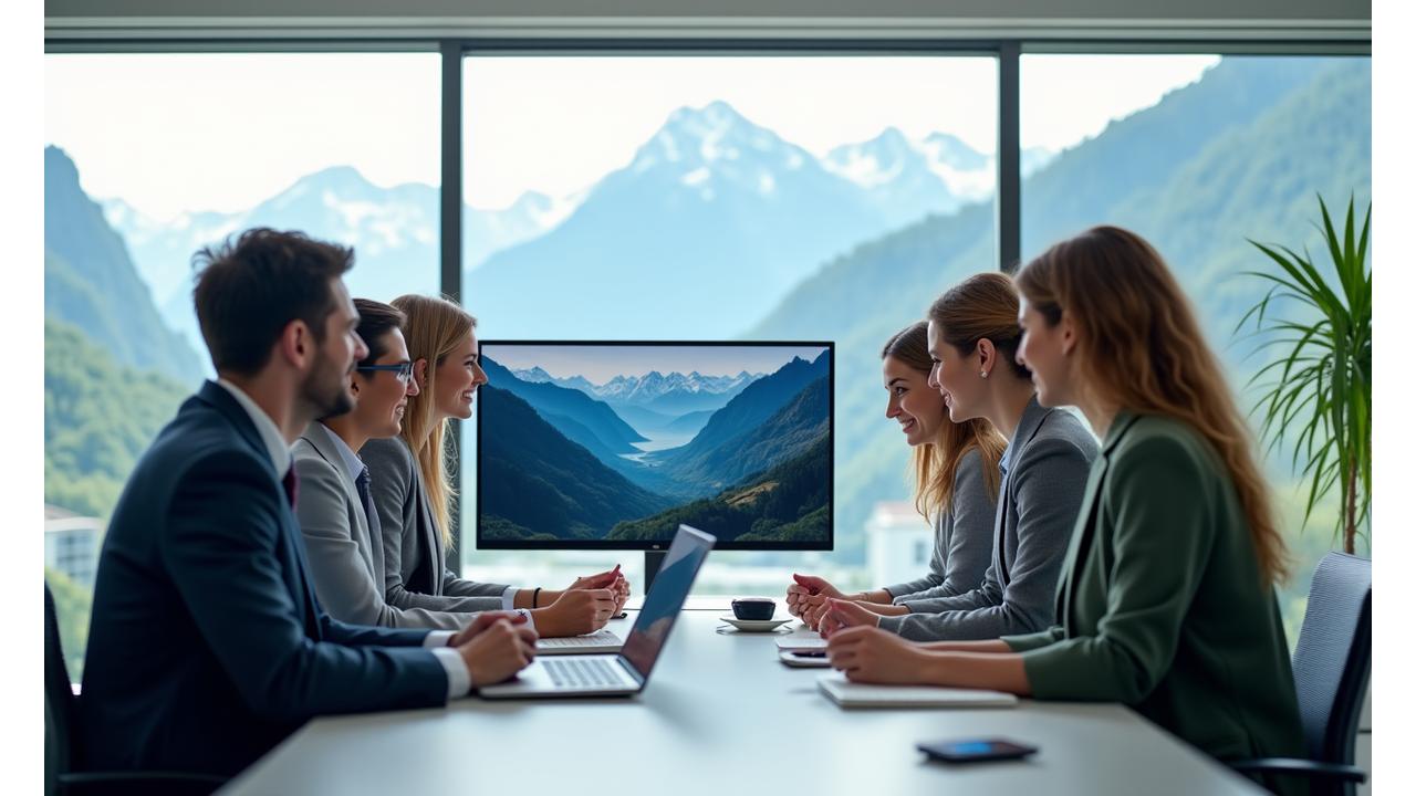 Team von AlpineVibe Academy arbeitet zusammen in einem modernen Büro mit Alpenblick, ein Zeichen für Schweizer Qualität und Innovation