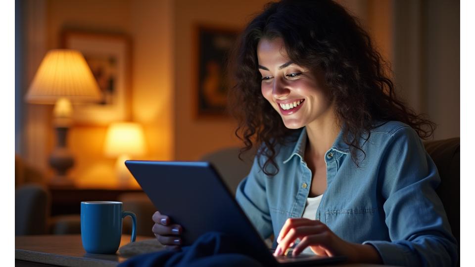 Freundliche, lächelnde Frau lernt auf einem Tablet in einem gemütlichen Zuhause am Abend