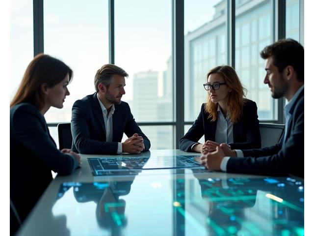 Team von Fachleuten, die an einer Konferenz in Zürich zusammenarbeiten und auf einen Bildschirm blicken