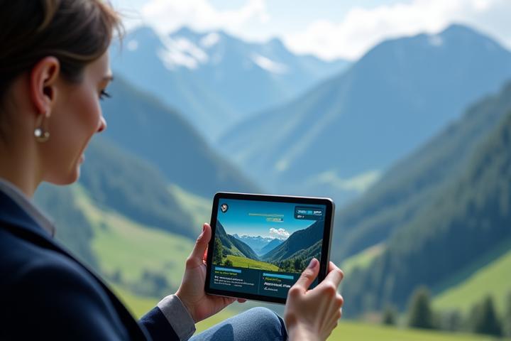 Eine Person lernt auf einem Tablet, das Microlearning-Modul anzeigt, mit einer Schweizer Berglandschaft im Hintergrund