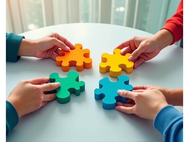Team arbeitet an farbigen Puzzleteilen zusammen und bildet ein vollständiges Bild, das Vielfalt und Kooperation symbolisiert.