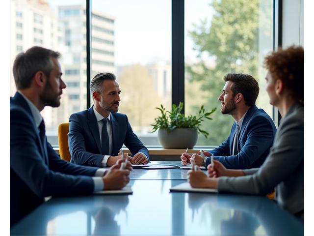Diverse Gruppe von Führungskräften in einem Meetingraum, die engagiert diskutieren und Notizen machen.
