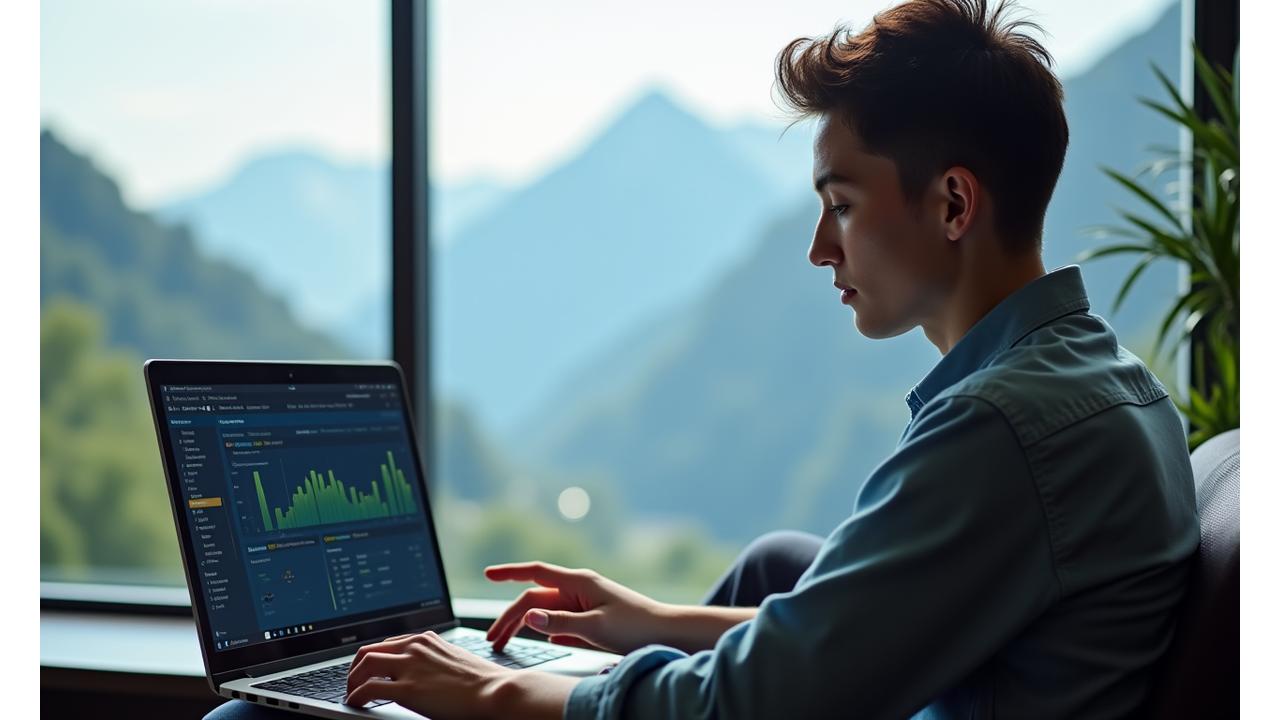Ein Student lernt an einem Laptop mit einer verschwommenen Schweizer Alpenlandschaft im Hintergrund, was digitales Lernen und Schweizer Präzision symbolisiert.