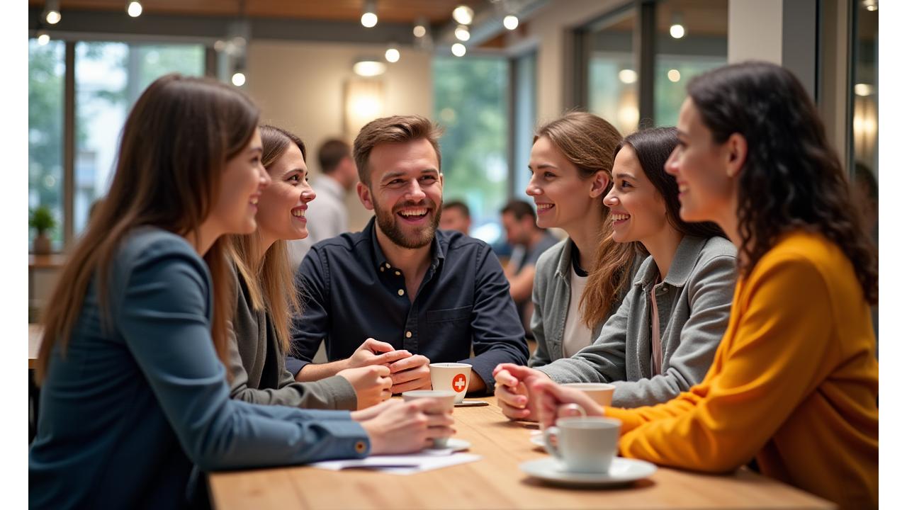 Gruppe von Menschen, die sich bei einem Community-Treffen unterhalten und Deutsch sprechen