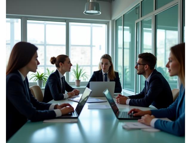 Ein Team von Geschäftspartnern arbeitet kollaborativ an Laptops und diskutiert Daten in einem modernen Büro.