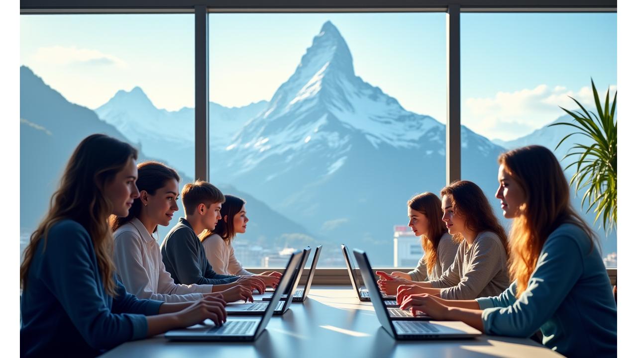 Diverse Lernende nutzen digitale Geräte in einer modernen Lernumgebung mit Schweizer Alpenpanorama im Hintergrund