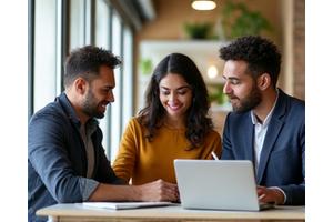 Eine kleine Arbeitsgruppe diskutiert ein Projekt an einem Tisch, umgeben von Notizbüchern und Laptops.