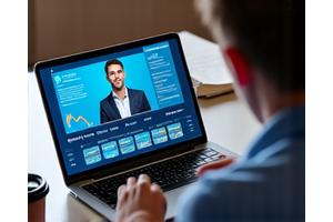 Ein Student nutzt ein Tablet, um an einem interaktiven Online-Kurs teilzunehmen, mit Grafiken von Videos und Quizzen.