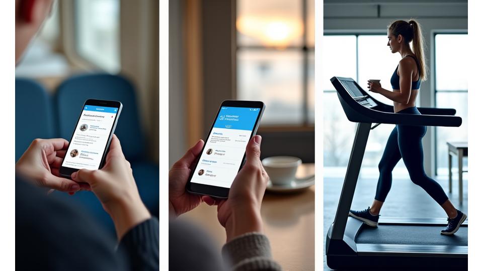 Mobile Geräte zeigen Microlearning in verschiedenen Szenarien: U-Bahn, Café, Fitnessstudio