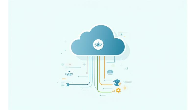 Visualisierung von verschiedenen Datentypen, die sicher in einer Cloud gespeichert sind, mit Symbolen für Bildung, Analysen und Kommunikation. Fokus auf Sicherheit und Organisation.