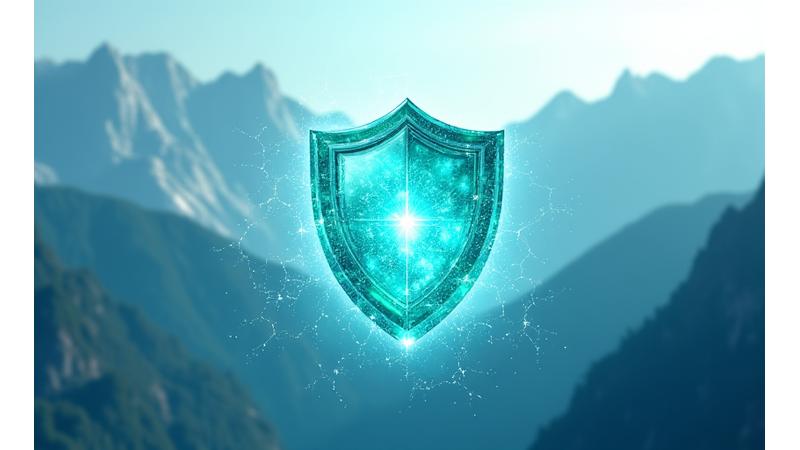 Ein abstraktes, sicheres Netz, das digitale Daten schützt, vor einem Hintergrund Schweizer Alpen. Symbolisiert sichere Online-Lernumgebung.