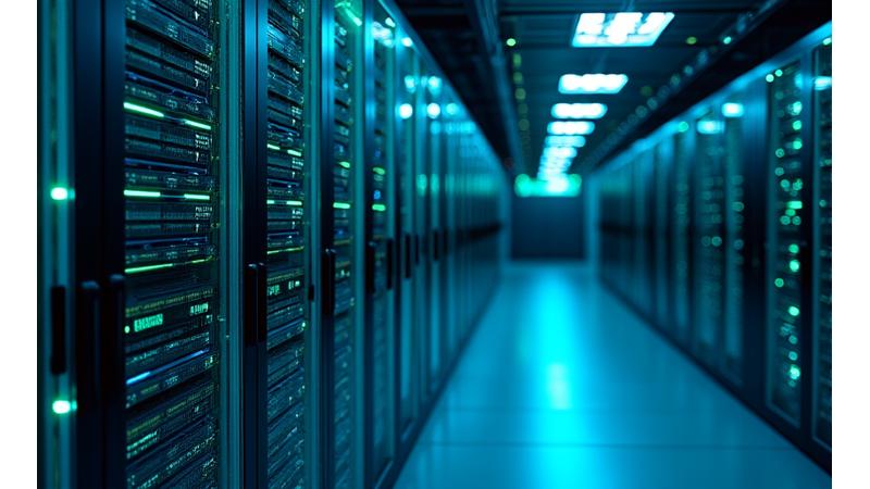 Eine Detailaufnahme eines leuchtenden, sicheren Serverschranks in einem modernen Schweizer Rechenzentrum. Symbolisiert hochsichere Datenspeicherung und fortschrittliche Infrastruktur.