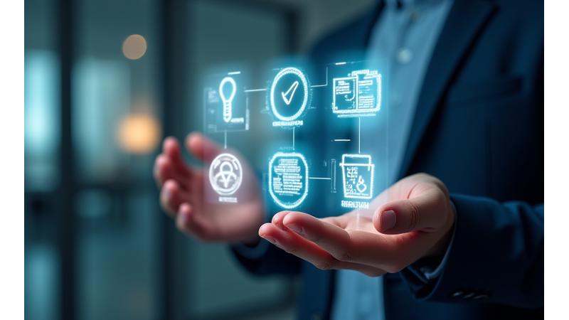 Ein Benutzer, der eine digitale Oberfläche bedient, die Symbole für Datenschutzrechte zeigt, wie einen Schlüssel (Zugriff), einen Stift (Berichtigung) und einen Mülleimer (Löschung). Betont die Nutzerkontrolle.