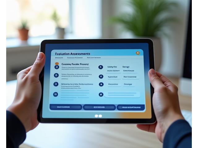 Eine Person füllt eine digitale Umfrage auf einem Tablet aus, symbolisierend eine Kompetenzbewertung.