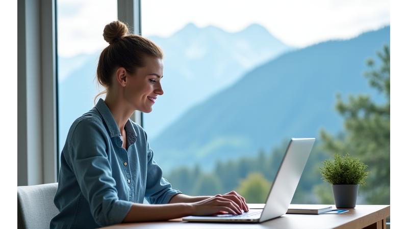 Professionelle Schweizerin arbeitet konzentriert an einem Laptop in einem modernen, hellen Home Office mit Bergbild im Hintergrund, symbolisierend Remote-Arbeit in der Schweiz.