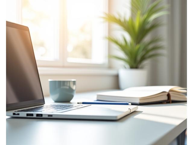 Eine moderne Schreibtischansicht mit Laptop, Notizbuch und Kaffeetasse, symbolisierend Effizienz und Produktivität im Home Office.