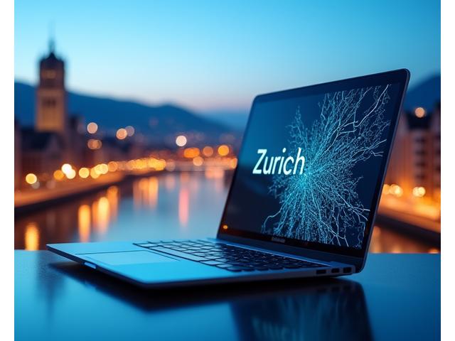 Skyline von Zürich mit modernen Bürogebäuden und einem Laptop im Vordergrund, symbolisierend Remote-Arbeit im Zürcher Arbeitsmarkt.